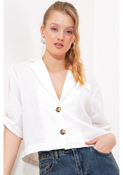 Kadın BDART Dokulu Kısa Ceket, Gömlek Yaka ile White modelleri