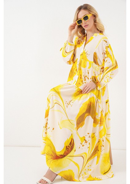 Kadın BDART Düğmeli V-Yaka Desenli Maxi Elbise Limon Sarısı