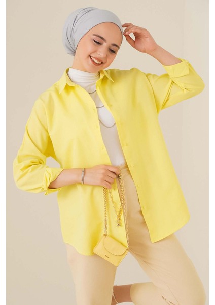 Kadın BDART Rahat Kesim Düğmeli Poplin Gömlek Limon Sarısı