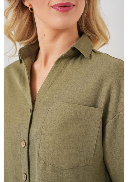 Kadın BDART Keten Karışımlı Kısa Kol Düğmeli Crop Gömlek Green indirimleri