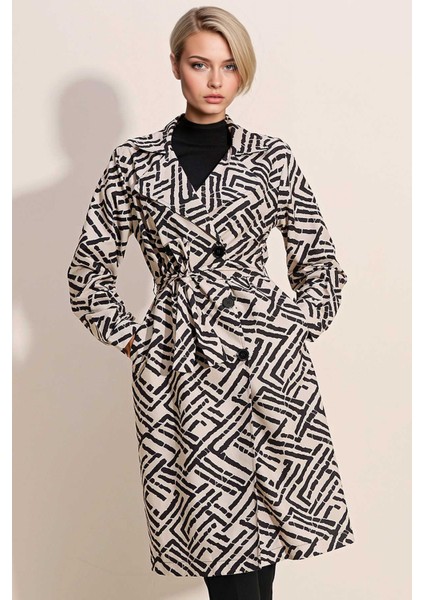 Kadın BDART Düğmeli Kruvaze Yaka Uzun Trençkot Beyaz