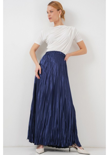 Kadın BDART Beli Lastikli Dokulu Saten Maxi Etek Lacivert modelleri