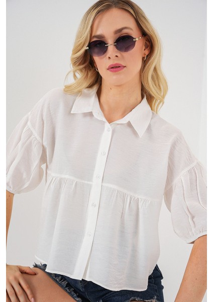 Kadın BDART Bol Kesim Düğmeli Kısa Gömlek White
