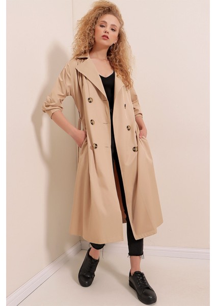 Kadın BDART Düğmeli İki Yaka Uzun Trençkot Deve Kahvesi