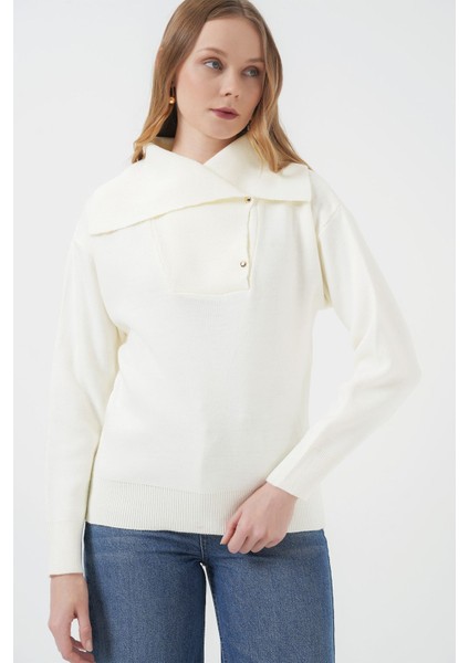 Kadın BDART Akrilik Örme Şal Yaka Kazak Natural