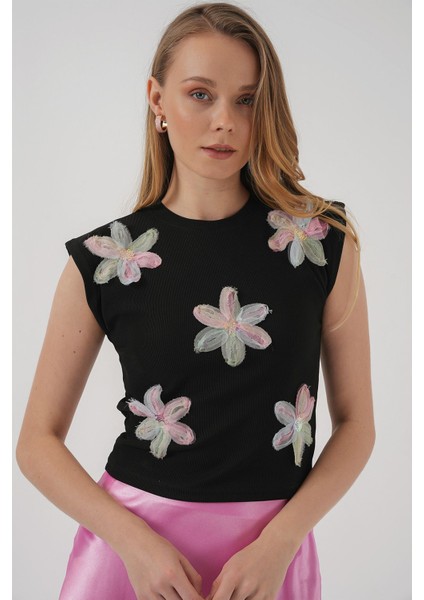 Kadın BDART Çiçek Desenli Nakışlı Ribana Crop Top Siyah