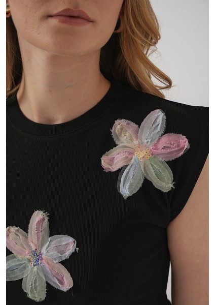 Kadın BDART Çiçek Desenli Nakışlı Ribana Crop Top Siyah indirimleri