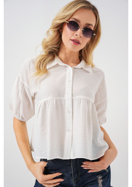 Kadın BDART Bol Kesim Düğmeli Kısa Gömlek White modelleri