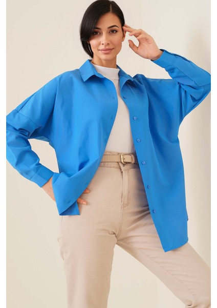 Kadın BDART Düğmeli Poplin Gömlek, Rahat Kesim Kobalt Mavisi