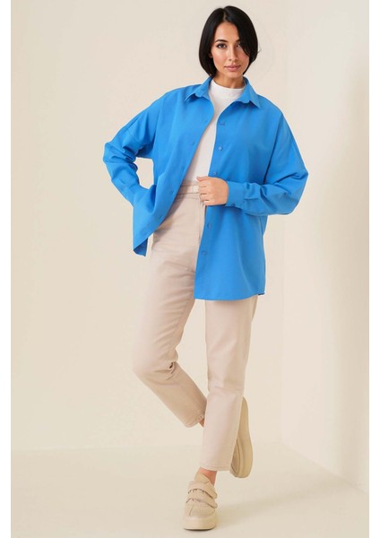 Kadın BDART Düğmeli Poplin Gömlek, Rahat Kesim Kobalt Mavisi fiyatları