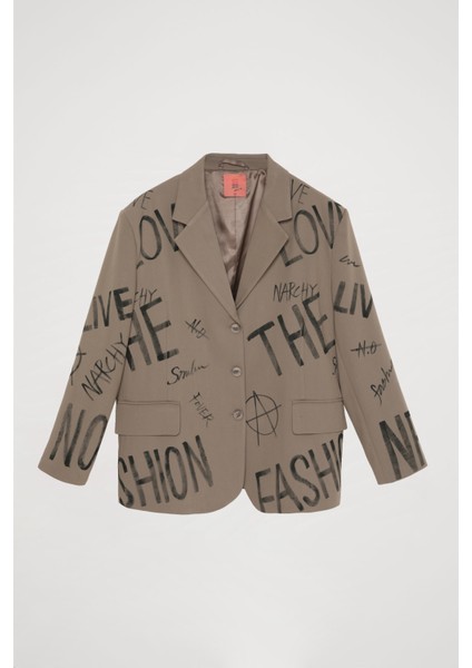 Yazı Baskılı Düğmeli Blazer Ceket Açık Haki fiyatları