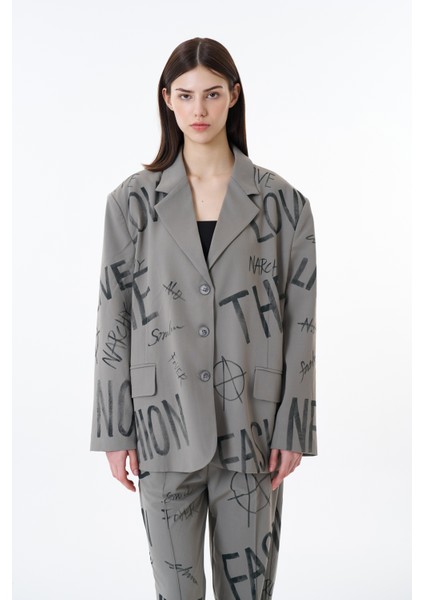 Yazı Baskılı Düğmeli Blazer Ceket Açık Haki modelleri