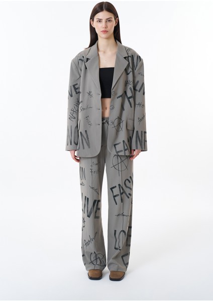 Yazı Baskılı Düğmeli Blazer Ceket Açık Haki fırsatları