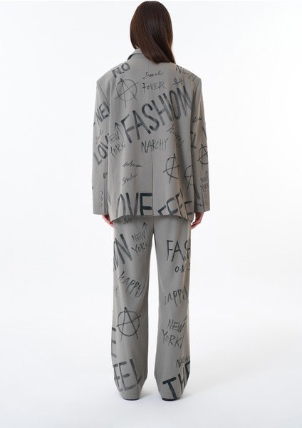 Yazı Baskılı Düğmeli Blazer Ceket Açık Haki indirimleri