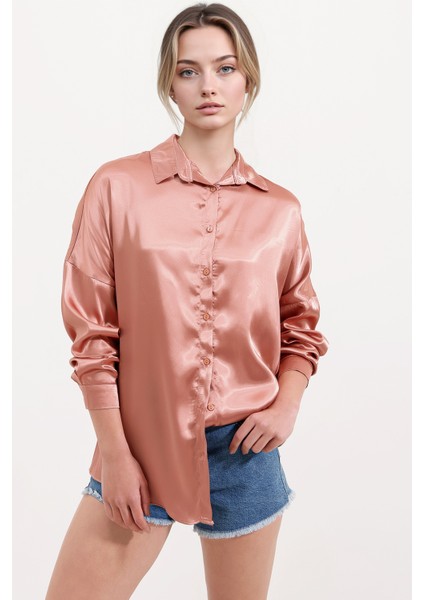 Kadın BDART Düğmeli Oversize Saten Gömlek Deve Kahvesi