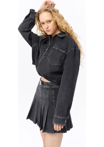 Büyük Cepli Fermuarlı Beli Lastikli Ceket Antrasit