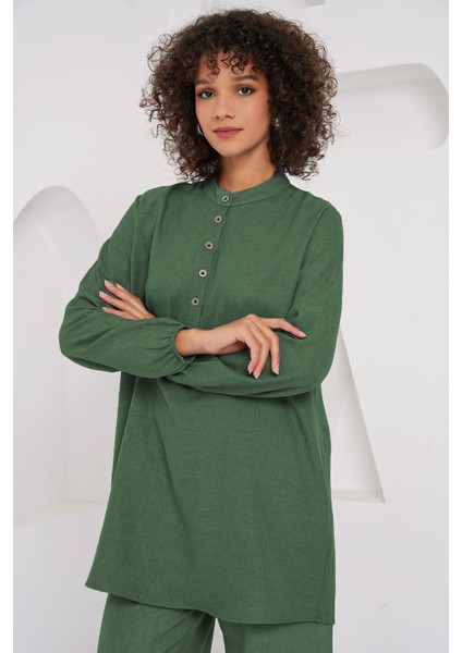 Kadın BDART Düğmeli Uzun Kol Tunik ve Geniş Paça Pantolon Takımı Zümrüt Yeşili modelleri