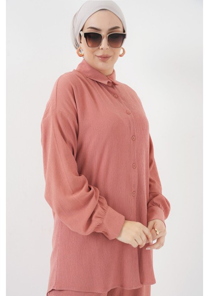 Kadın BDART Oversized Dokulu İki Parça Takım Gömlek Yaka Tozlu Gül Pembesi fırsatları