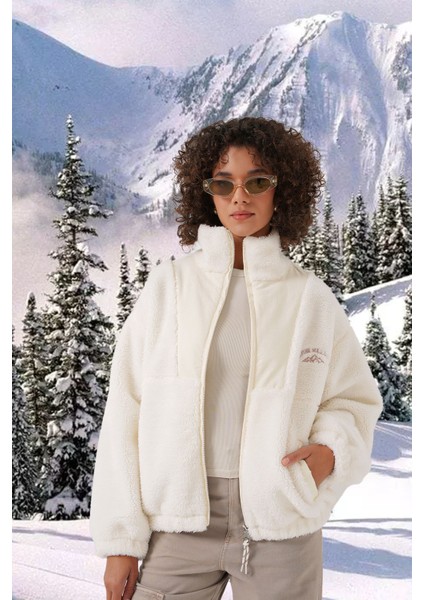 Kadın BDART Kapüşonlu Peluş Sahte Kürk Mont Fildişi Doğal