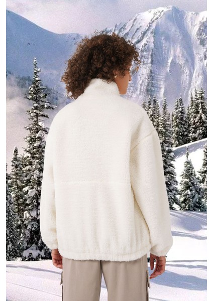 Kadın BDART Kapüşonlu Peluş Sahte Kürk Mont Fildişi Doğal