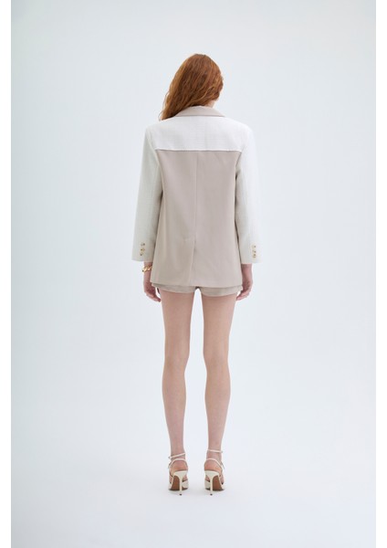 Kruvaze Yaka Dokulu Matchli Blazer Ceket Bej