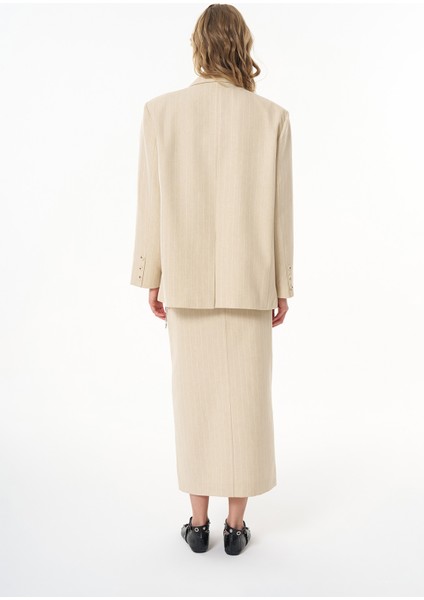 Rozet Aksesuarlı Çizgili Blazer Ceket Bej indirimleri