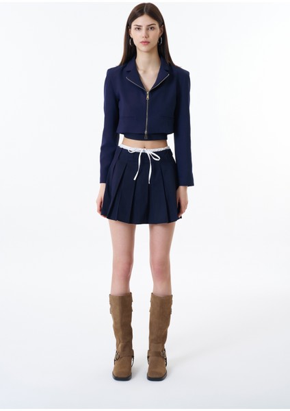 Önden Fermuarlı Crop Blazer Ceket Lacivert modelleri
