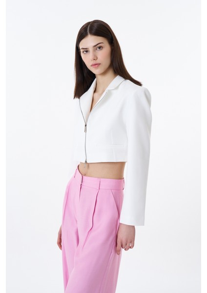Önden Fermuarlı Crop Blazer Ceket Ekru modelleri