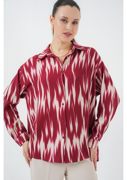 Kadın BDART Düğmeli Oversize Desenli Gömlek Red