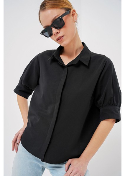 Kadın BDART Düğmeli Poplin Gömlek ve Gömlek Yaka Black