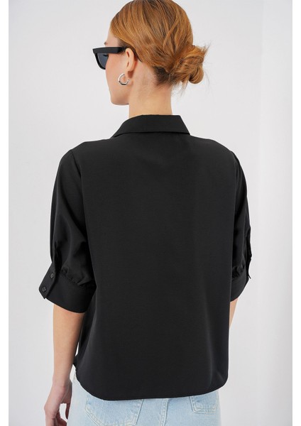 Kadın BDART Düğmeli Poplin Gömlek ve Gömlek Yaka Black