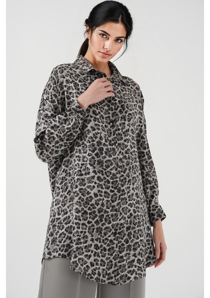Kadın BDART Leopar Desenli Uzun Kol Düğmeli Gömlek Black