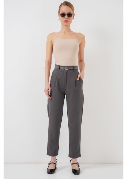 Kadın BDART Düz Kesim Normal Bel Pantolon, Fermuarlı Grey