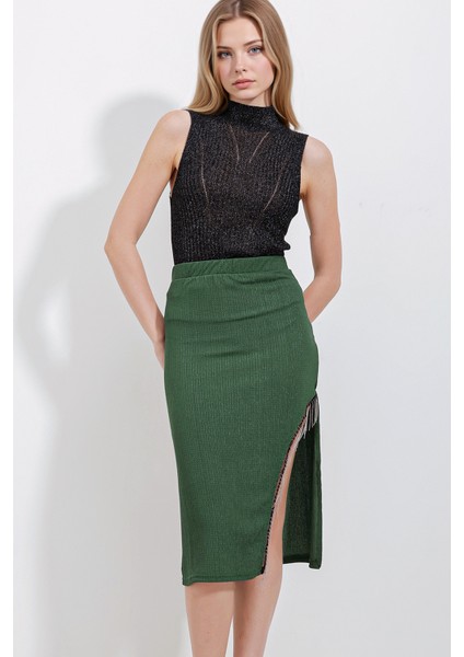 Kadın BDART Zincir Detaylı Dokulu Midi Etek Green modelleri