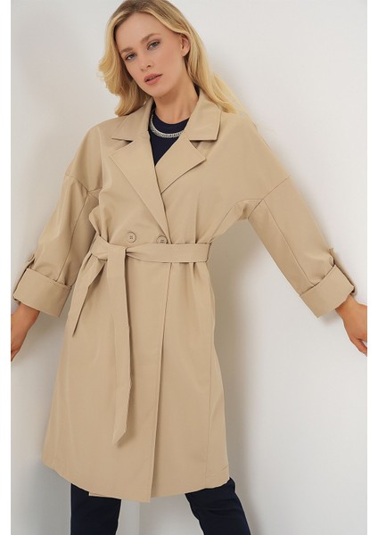 Kadın BDART Desenli Polyester Trençkot, Şal Yaka Bej Doğal indirimleri