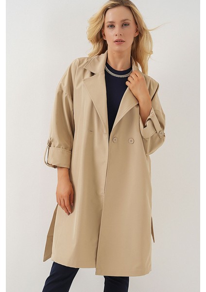 Kadın BDART Desenli Polyester Trençkot, Şal Yaka Bej Doğal fiyatları