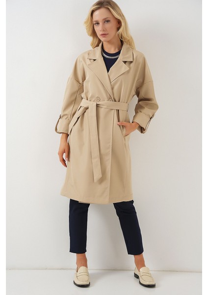 Kadın BDART Desenli Polyester Trençkot, Şal Yaka Bej Doğal modelleri