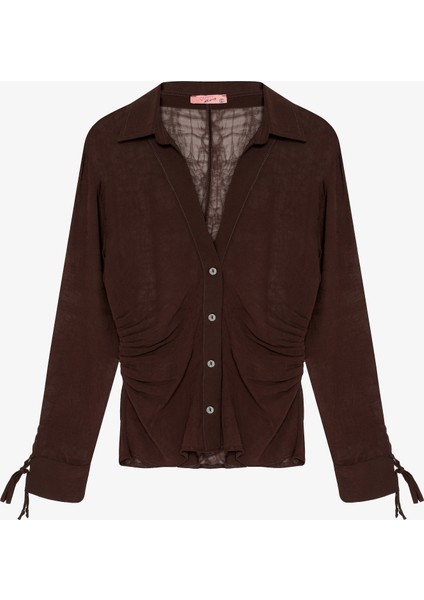 Büzgülü Bağcık Detaylı Transparan Gömlek Kahverengi fiyatları