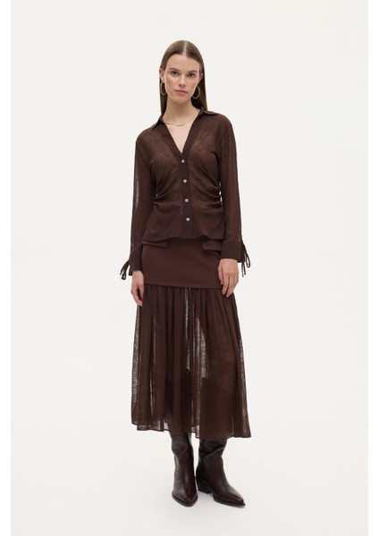Büzgülü Bağcık Detaylı Transparan Gömlek Kahverengi modelleri