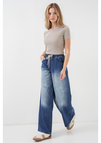Kadın BDART Çekmece İle Geniş Paça Vücut Gevşek Jean Lacivert modelleri