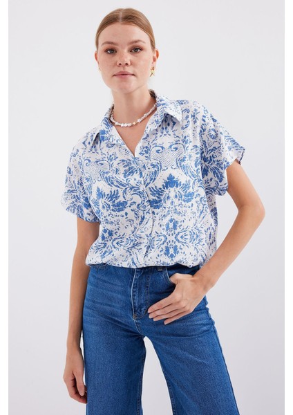 Kadın BDART Çiçek Desenli Kısa Kol Düğmeli Gömlek Koyu Mavi Denim