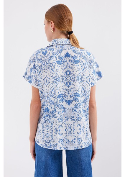 Kadın BDART Çiçek Desenli Kısa Kol Düğmeli Gömlek Koyu Mavi Denim