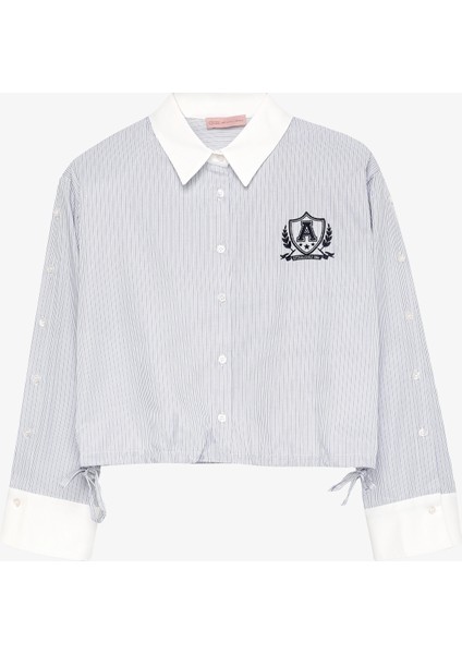 Çizgili Manşet Kol Arma Nakışlı Gömlek Mavi fiyatları