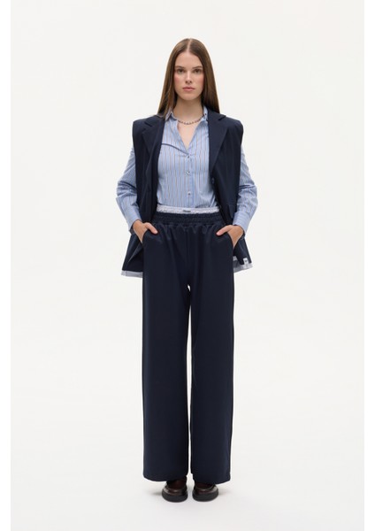 Çift Bel Detaylı Lastikli Bol Paça Pantolon Lacivert modelleri