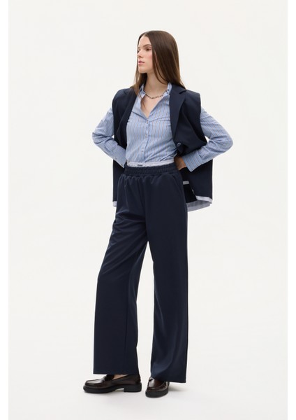 Çift Bel Detaylı Lastikli Bol Paça Pantolon Lacivert fırsatları