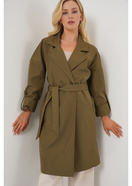 Kadın BDART Desenli Polyester Trençkot, Şal Yaka Haki Yeşil