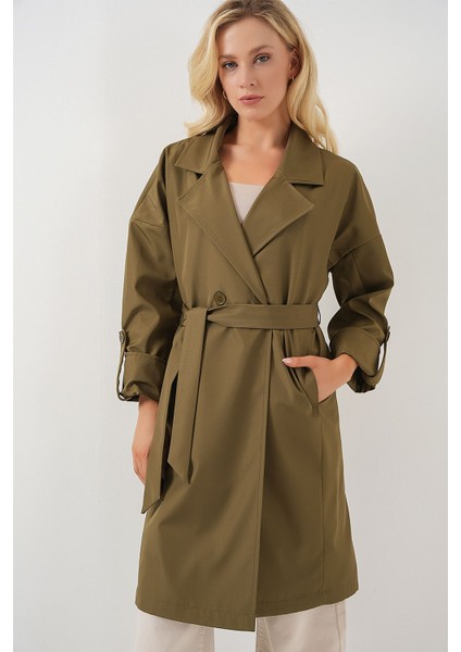 Kadın BDART Desenli Polyester Trençkot, Şal Yaka Haki Yeşil fırsatları