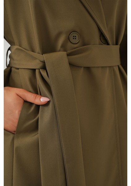 Kadın BDART Desenli Polyester Trençkot, Şal Yaka Haki Yeşil