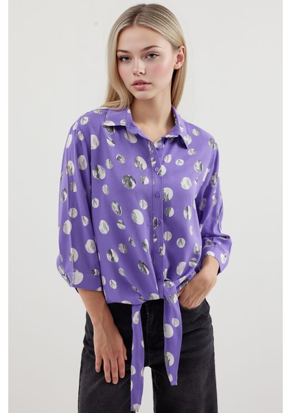 Kadın BDART Fiyonk Detaylı Desenli Viskon Gömlek Purple