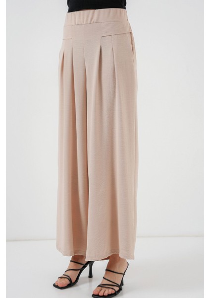 Kadın BDART Plise Detaylı Geniş Paça Krep Pantolon Krem Doğal fırsatları